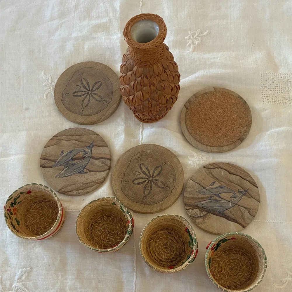 Collection of Beachy accents Coasters W/ Cork Backings Woven Porcelain Vase Set